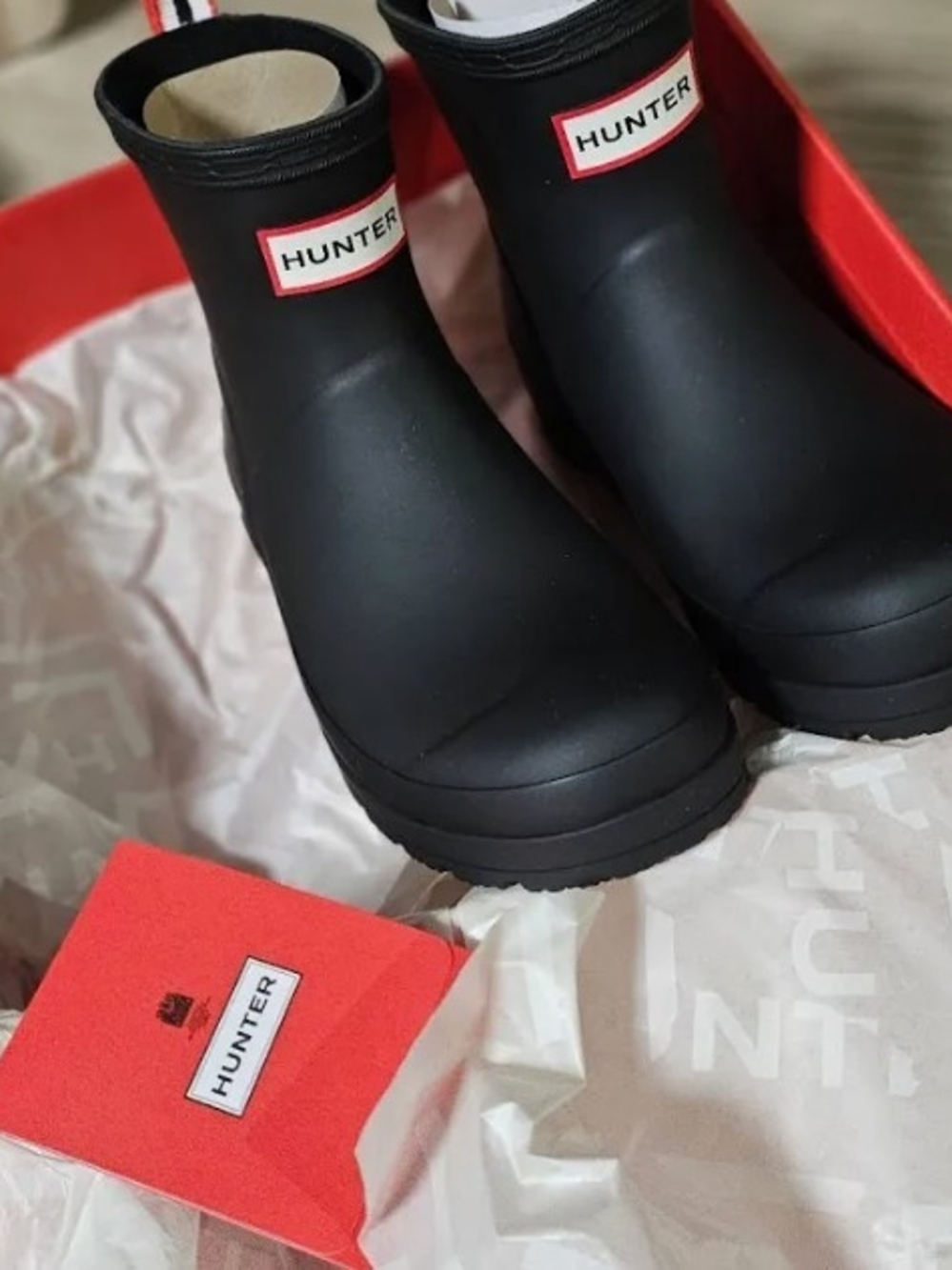 Brand New! Multiple Size Hunter Black Waterproof Rain Boots with Red Trim
